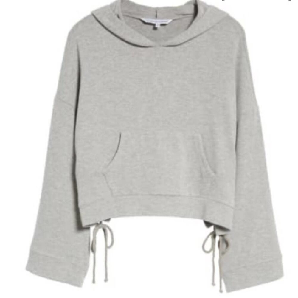 nwt Cupcakes & Cashmere Kadin Crop Hoodie Sz XS Grey Wide Bell Sleeve Lace Up